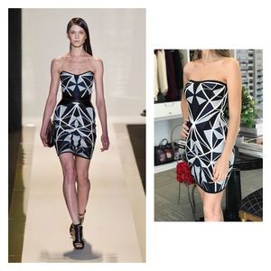 Herve Leger Strapless Geometric Blue Bandage Dress